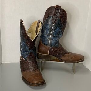 ROCKEN LEATHER Cowboy Boots in Brown and Blue SIZE 10.5 Overlay hand-tooled